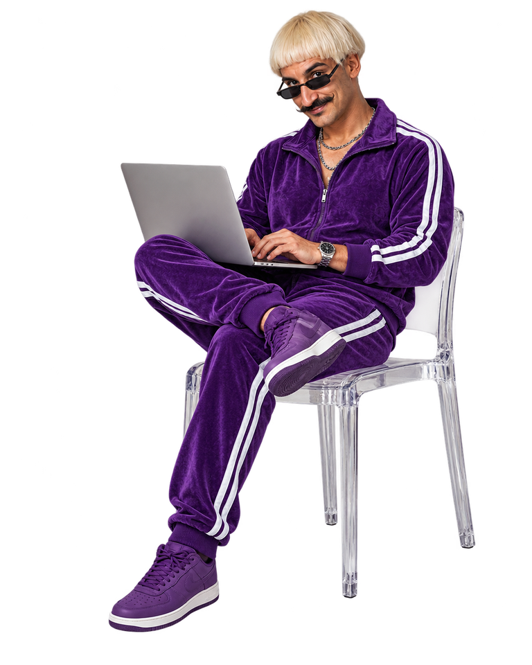 Personagem de agasalho roxo criando no notebook