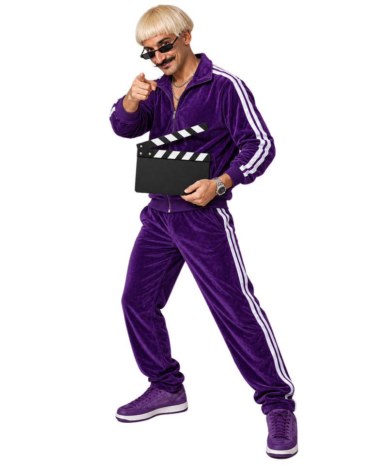 Personagem de agasalho roxo com claquete, pronto para dirigir sua cena