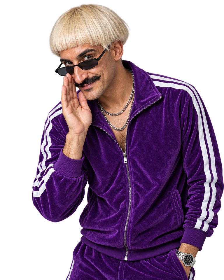 Dick Vigarista da Shoppe, personagem de cabelo loiro, óculos escuros e agasalho roxo